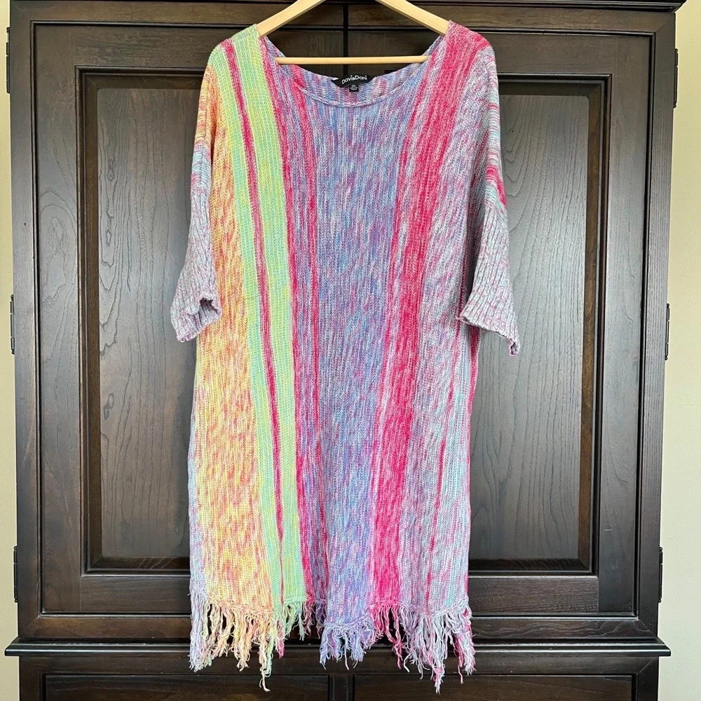 DAVI & DANI Colorful Sweater Dress Swim Cover Up Size 2XL Fringe Flowy Comfort - Picture 1 of 5